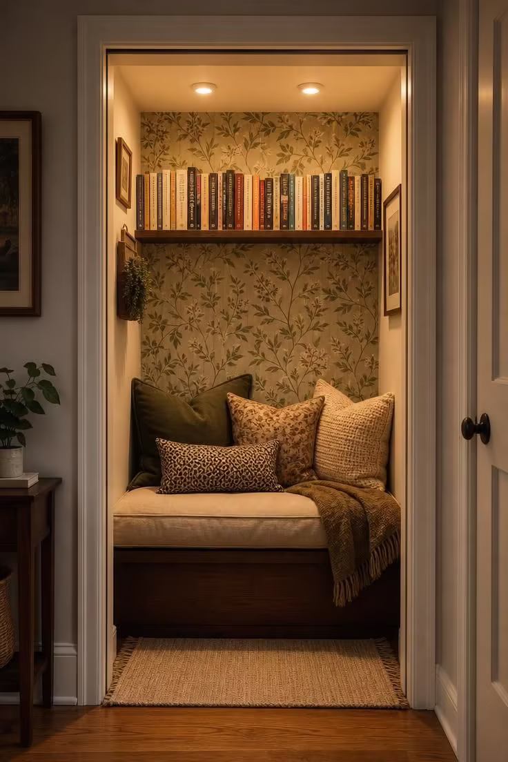 Closet converted into a cushioned book nook with botanical wallpaper and warm puck lighting