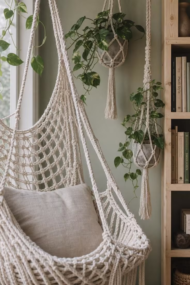 Cotton rope hammock chair beside a pine bookcase with macrame plant hangers and trailing pothos in cool overcast light