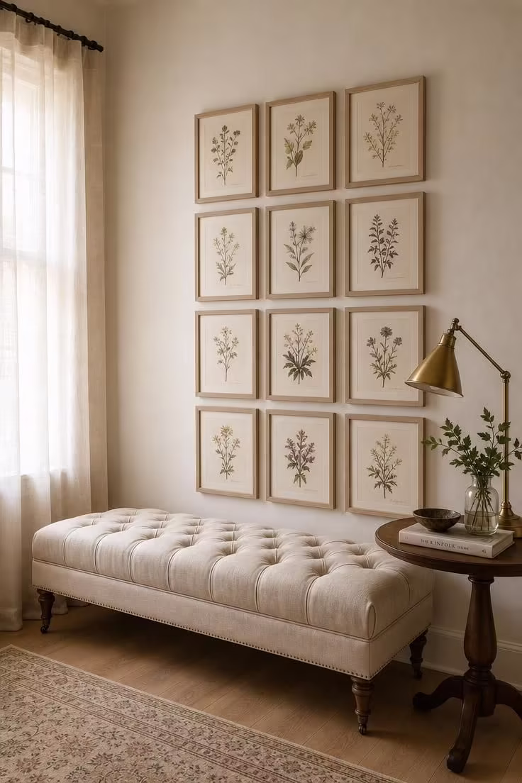 Tufted linen bench under a gallery grid of small framed botanical prints with a brass reading lamp in soft diffused light