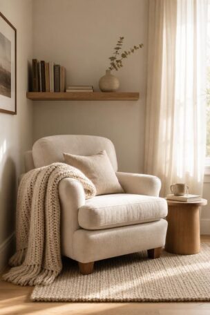 Cozy reading nook with a linen armchair, floating oak bookshelf, and chunky knit throw in warm diffused afternoon light