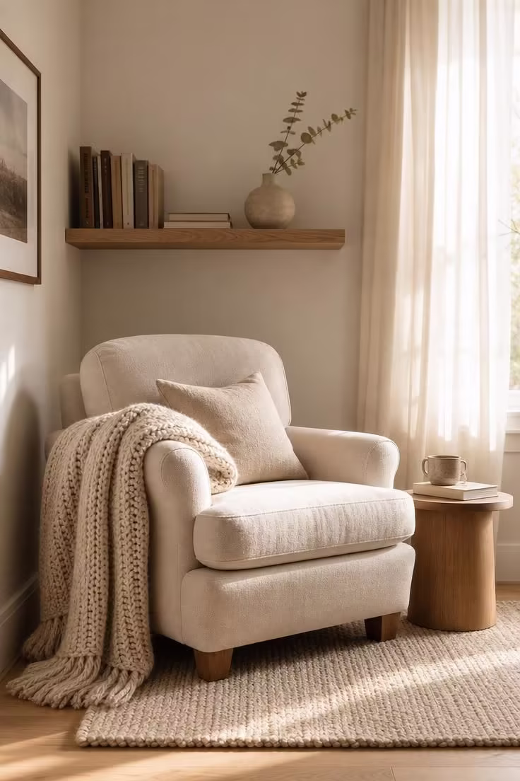 Simple Spaces 16 Cozy reading nook with a linen armchair, floating oak bookshelf, and chunky knit throw in warm diffused afternoon light
