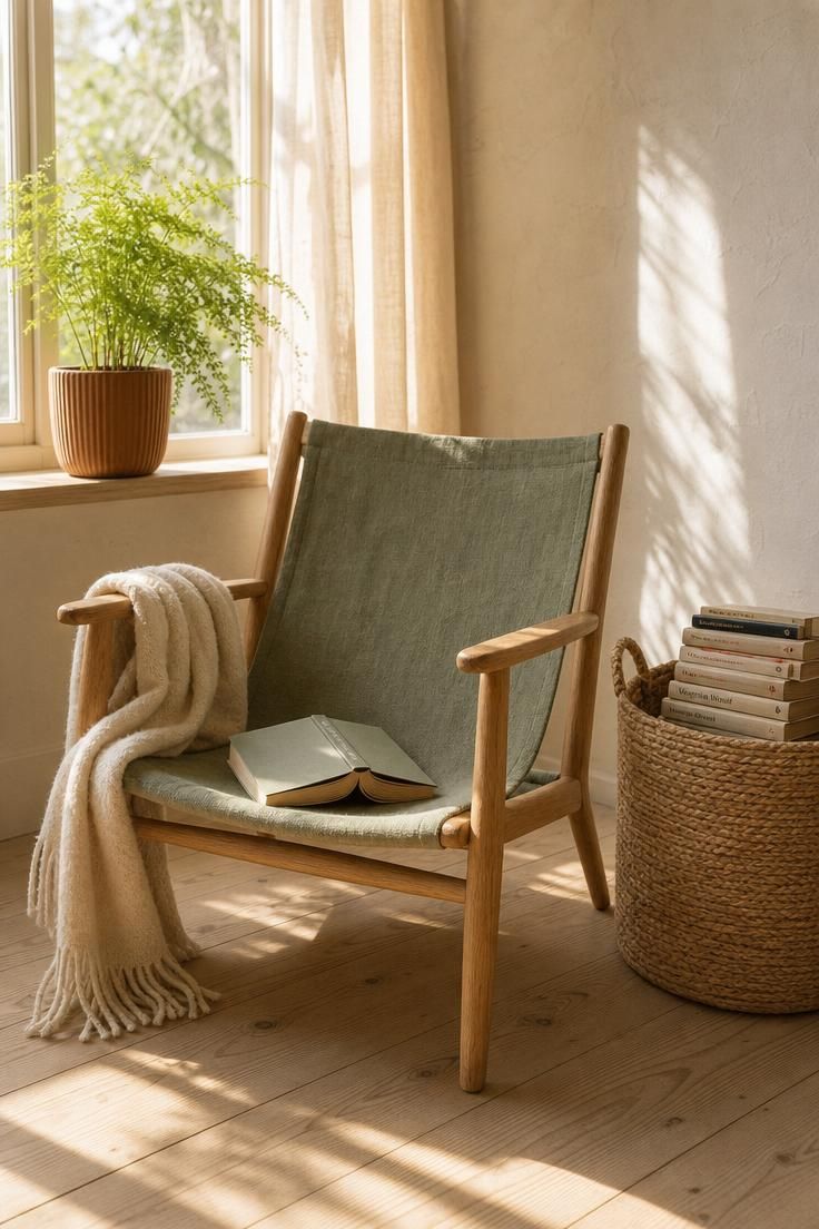 Sage linen sling chair beside a woven jute basket near a sunlit window with a cream wool throw