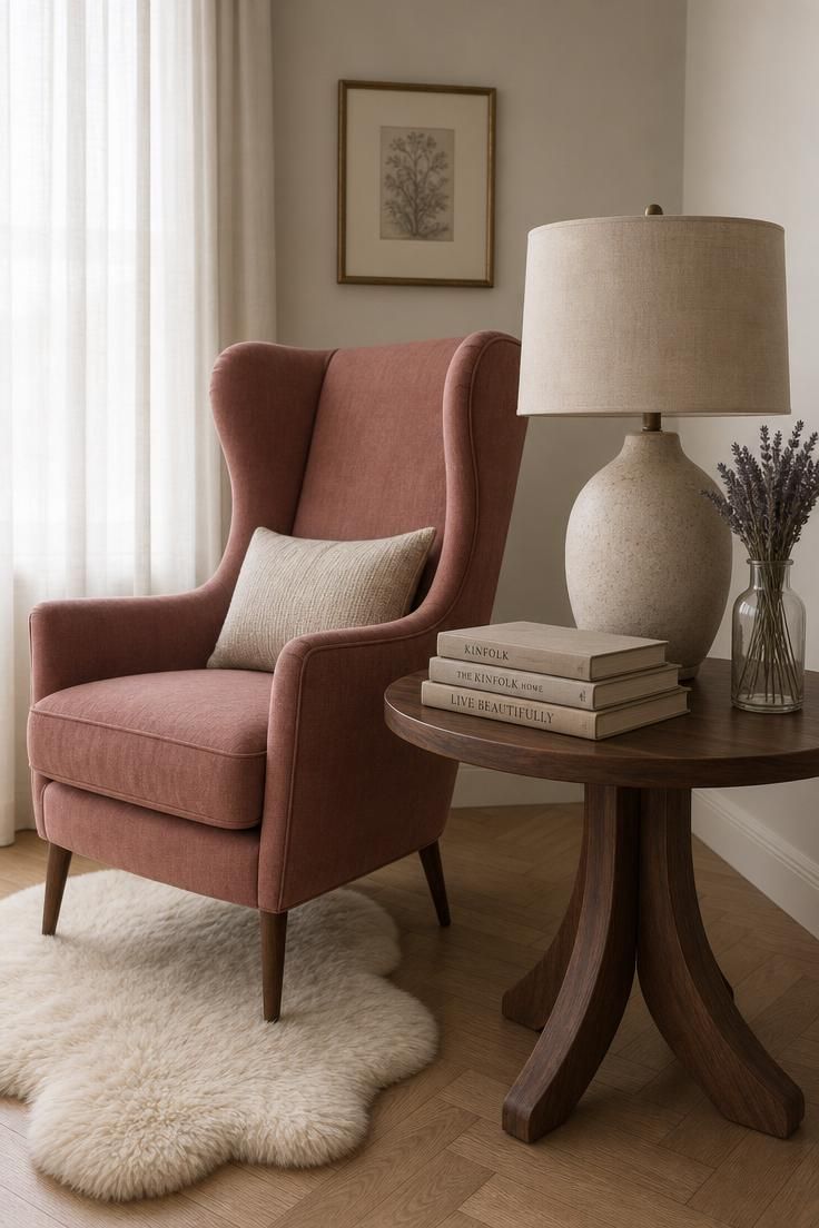 Dusty rose wingback chair beside a stoneware table lamp with linen shade and dried lavender