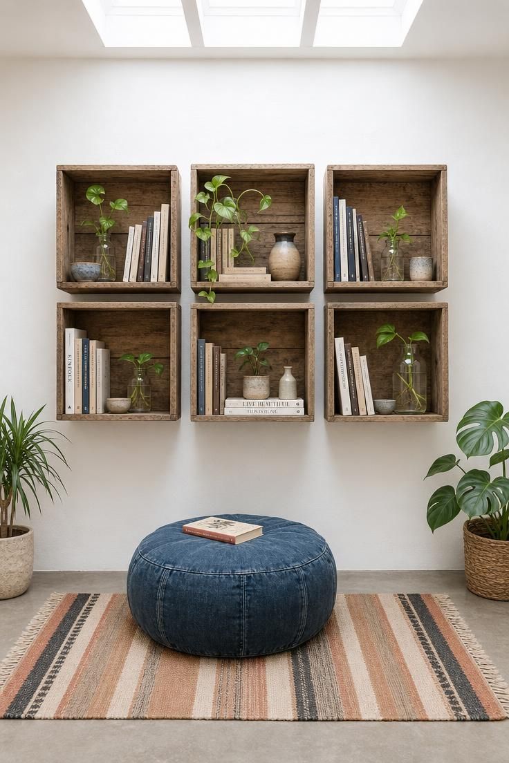 Reclaimed oak crate shelves with books and plant cuttings above a denim floor pouf