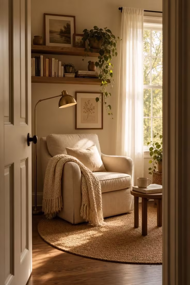 Simple Spaces 16 Sunlit reading corner with oatmeal linen armchair, brass floor lamp, floating shelves, and trailing pothos