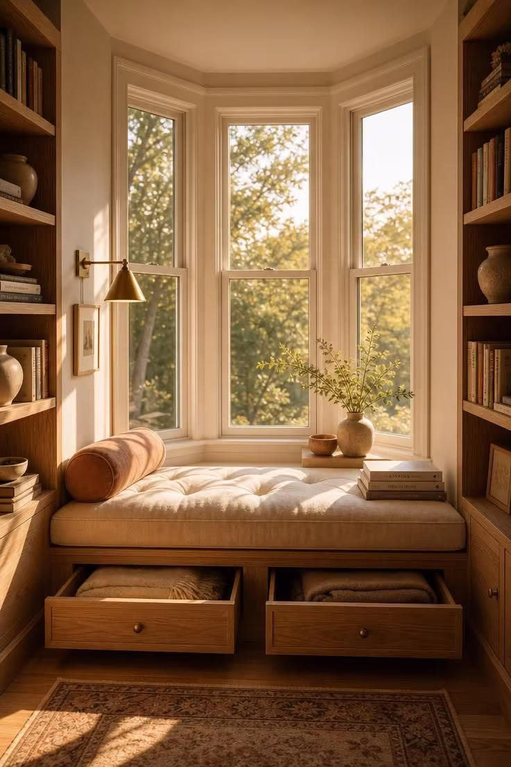 11 Inviting Reading Nook Ideas for Adults to Try Today 1 A linen-cushioned window seat reading nook flanked by oak bookshelves with warm afternoon light streaming through bay windows.