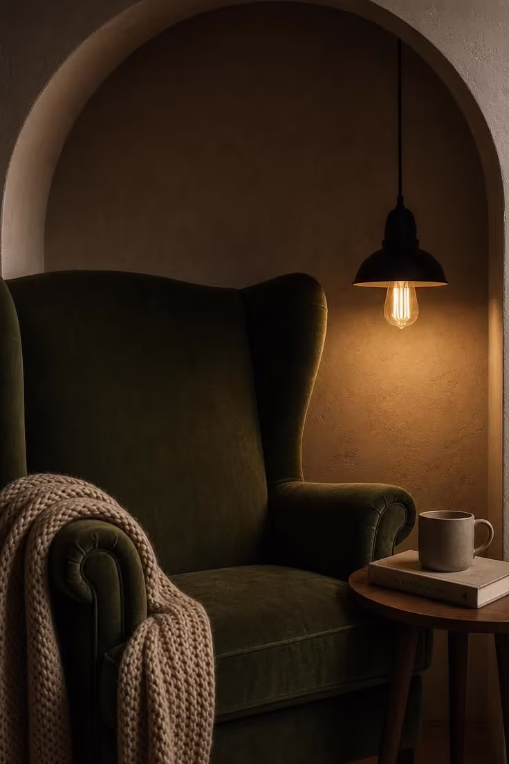 11 Inviting Reading Nook Ideas for Adults to Try Today 2 A moss-green velvet wingback armchair inside a plaster arched alcove with a low-hanging pendant light and walnut side table.
