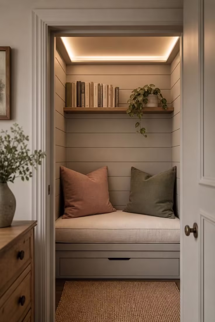 11 Inviting Reading Nook Ideas for Adults to Try Today 3 A converted closet reading nook with dove-painted shiplap walls, a linen bench cushion, and warm recessed LED lighting viewed from the doorway.