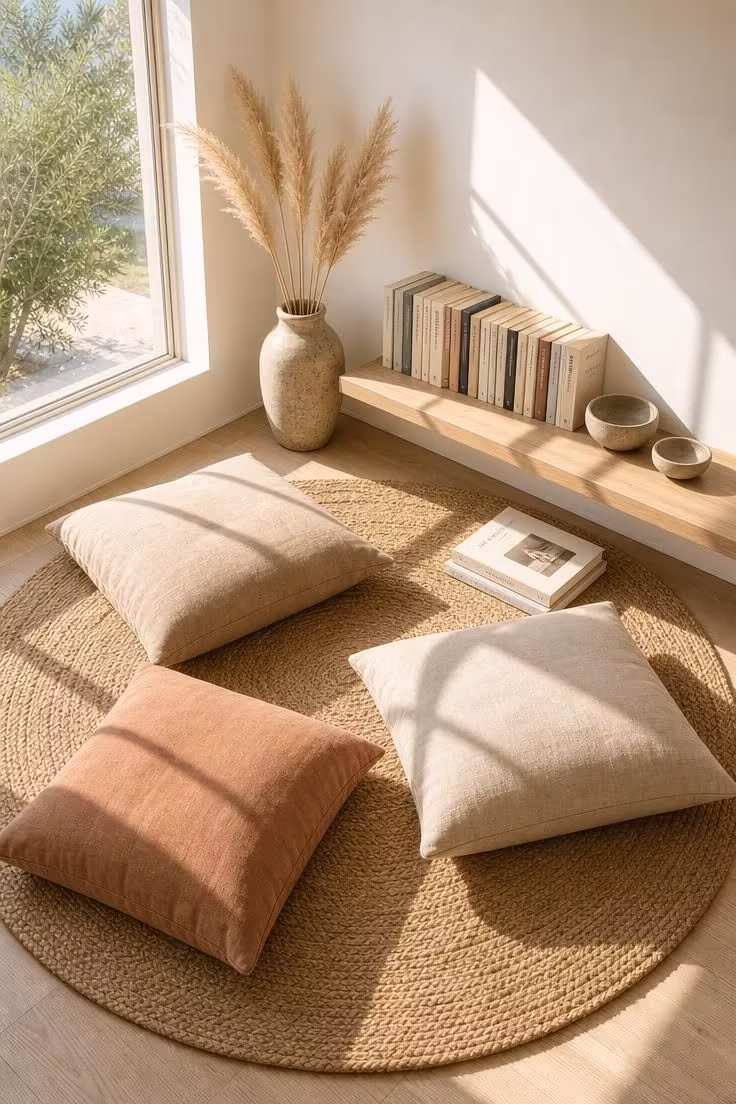 11 Inviting Reading Nook Ideas for Adults to Try Today 4 A Japandi-inspired floor cushion reading corner with linen cushions on a woven jute rug and a low floating ash shelf holding books.