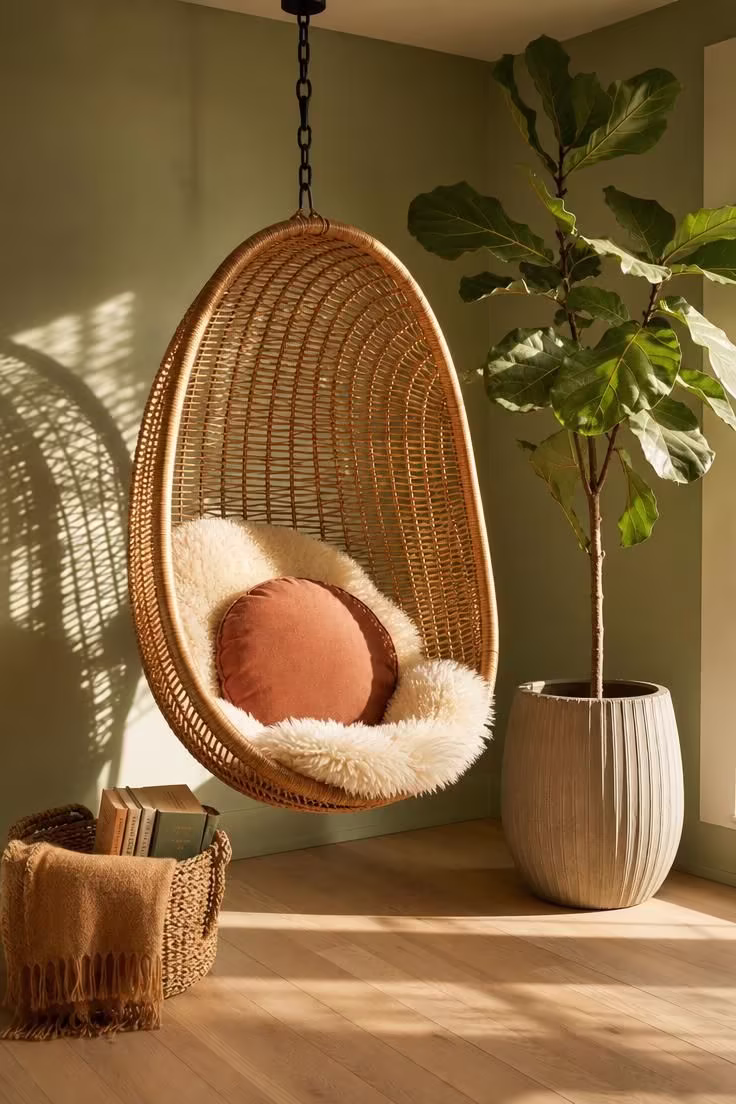 11 Inviting Reading Nook Ideas for Adults to Try Today 5 A hanging rattan egg chair with a sheepskin seat pad beside a fiddle leaf fig, bathed in warm afternoon light against a sage green wall.