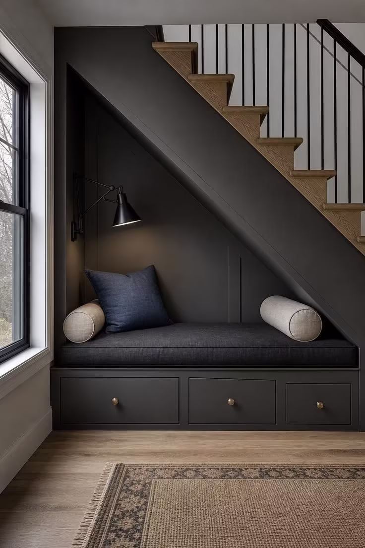 11 Inviting Reading Nook Ideas for Adults to Try Today 6 A custom daybed reading nook under stairs with charcoal linen upholstery, built-in drawers, and a matte black adjustable wall lamp.