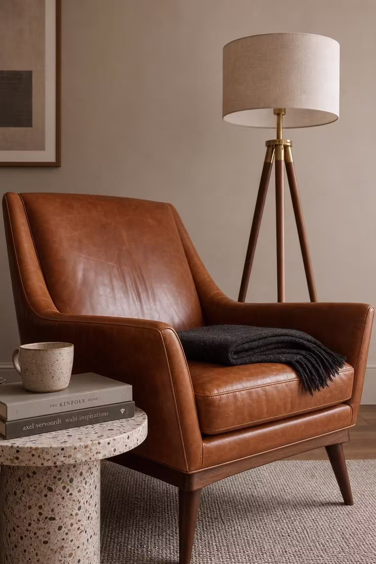 11 Inviting Reading Nook Ideas for Adults to Try Today 7 A cognac leather mid-century lounge chair beside a walnut tripod floor lamp with a terrazzo side table, lit by soft diffused light.