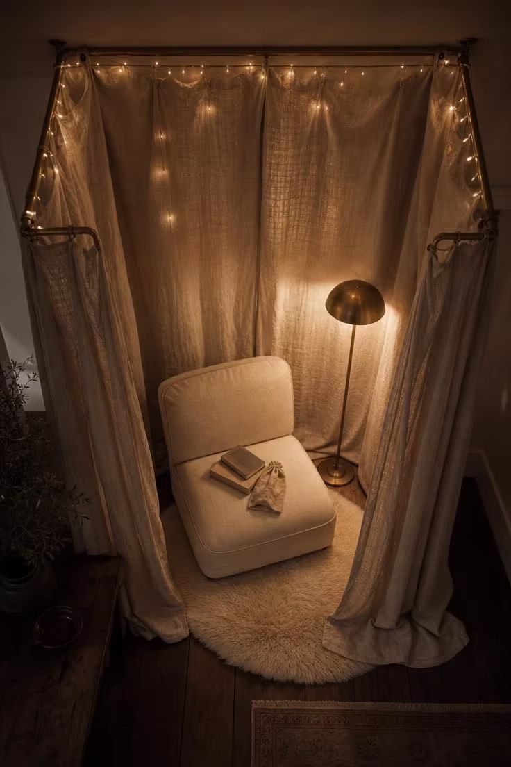 11 Inviting Reading Nook Ideas for Adults to Try Today 8 An overhead view of a canopy reading corner with linen drapes, string lights woven through a brass frame, and a low slipper chair on a sheepskin rug.