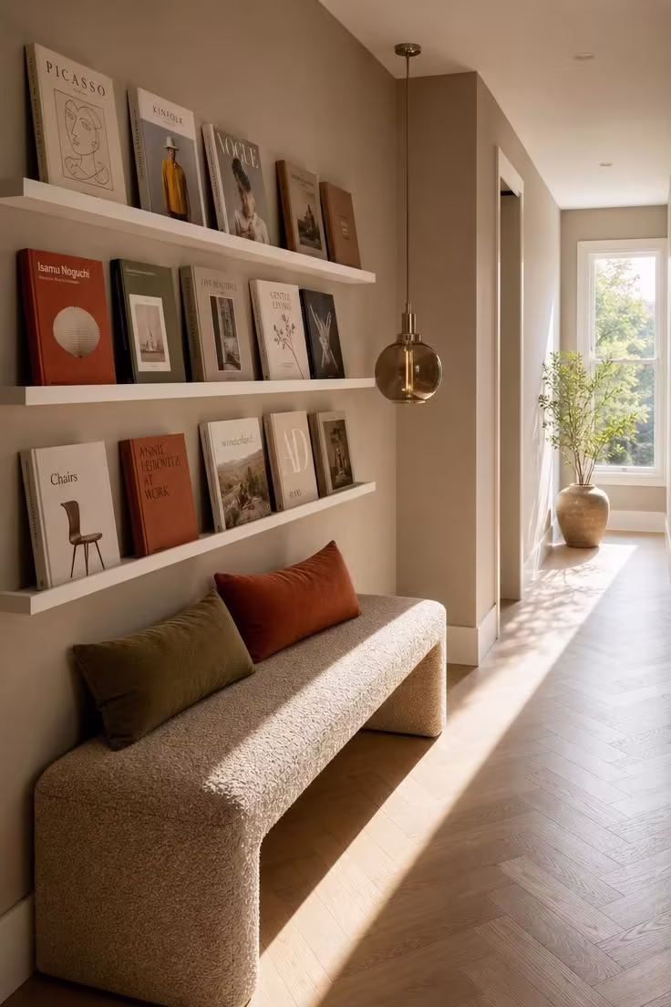 11 Inviting Reading Nook Ideas for Adults to Try Today 9 A narrow boucle bench in a hallway with floating ledge shelves displaying book covers, lit by a low-hanging smoked glass pendant and bright midday light.