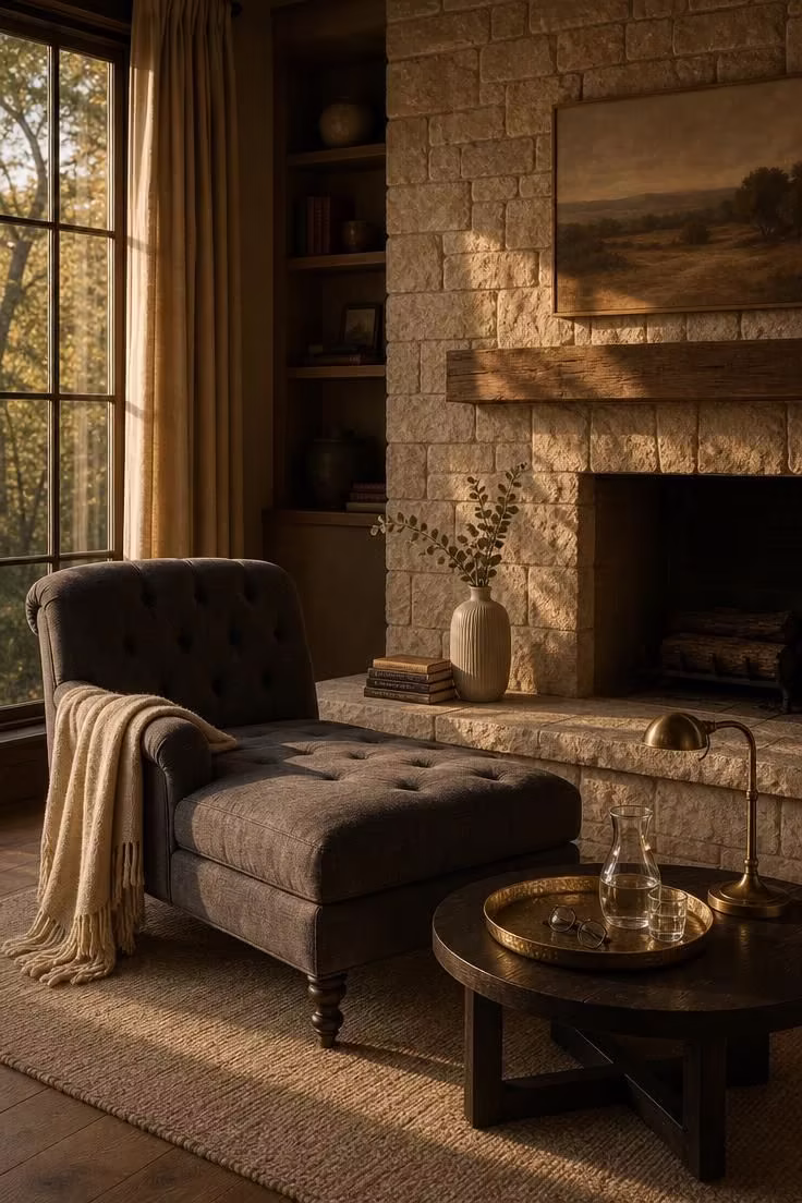 11 Inviting Reading Nook Ideas for Adults to Try Today 10 A tufted chaise lounge in slate linen beside a stacked limestone fireplace with warm golden light from a nearby window.