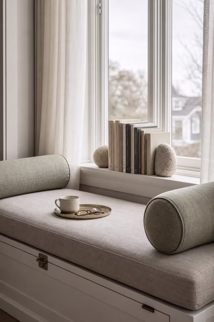 11 Inviting Reading Nook Ideas for Adults to Try Today 11 A bay window bench reading nook with linen roll pillows, ceramic bookends on the sill, and soft overcast light through sheer curtains.