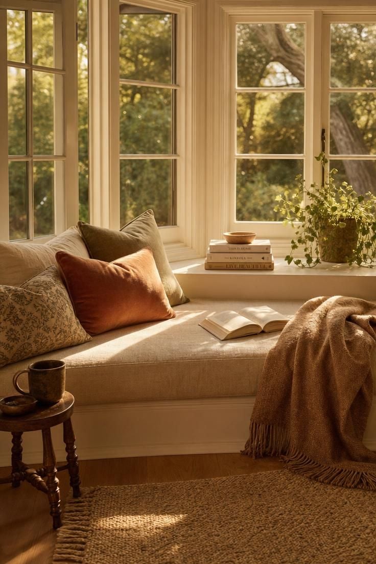 Simple Spaces 16 A cozy sunlit bay window reading nook with a linen bench, earth-tone pillows, a wool throw, and warm golden afternoon light.
