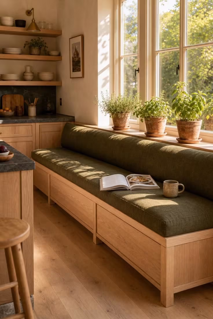 12 Cozy Reading Nook in Kitchen Ideas That Feel Like Home 1 White oak kitchen banquette with olive linen cushion beside a sunny herb garden window