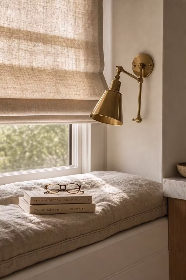 12 Cozy Reading Nook in Kitchen Ideas That Feel Like Home 3 Cushioned kitchen window ledge with brass swing-arm sconce and linen roman shade in soft light