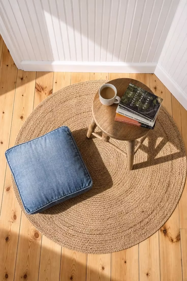 12 Cozy Reading Nook in Kitchen Ideas That Feel Like Home 4 Overhead view of a white beadboard kitchen corner with round jute rug and low wooden reading stool