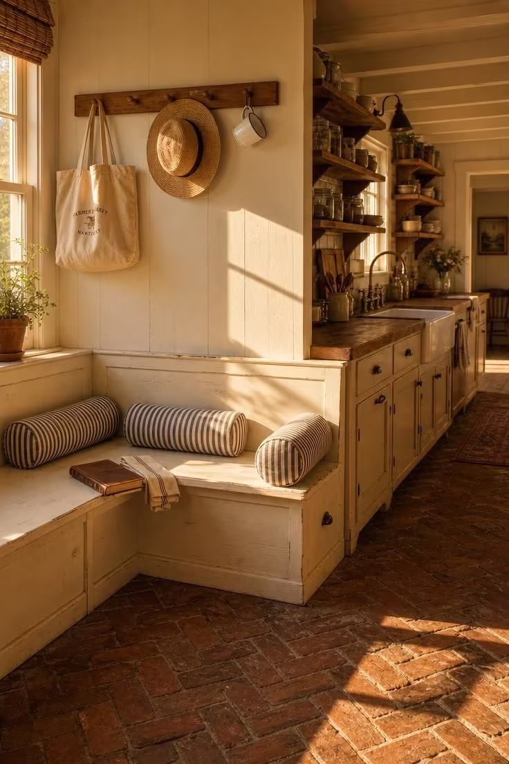 12 Cozy Reading Nook in Kitchen Ideas That Feel Like Home 5 Farmhouse kitchen banquette with ticking-stripe bolster pillows and wooden peg rail in golden light