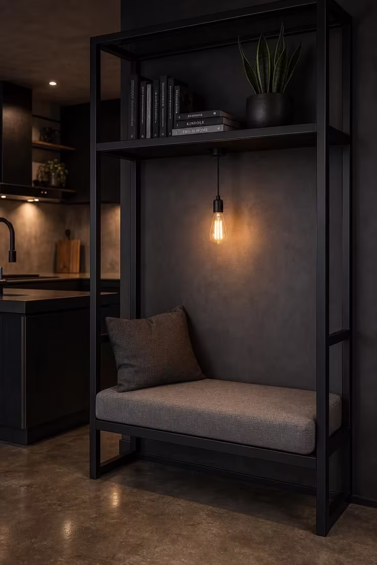 12 Cozy Reading Nook in Kitchen Ideas That Feel Like Home 6 Industrial matte black metal shelf frame reading nook with concrete-gray cushion in moody kitchen light