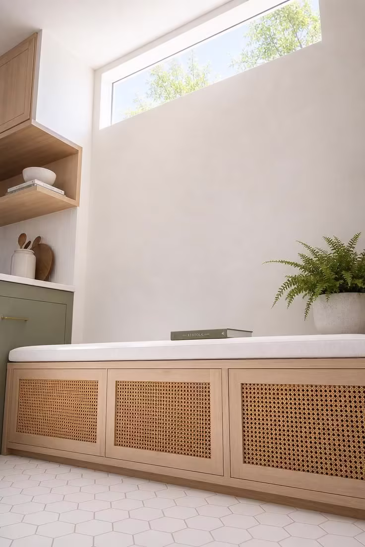 12 Cozy Reading Nook in Kitchen Ideas That Feel Like Home 7 Woven cane panel bench beneath a clerestory window with bright midday light in a white kitchen