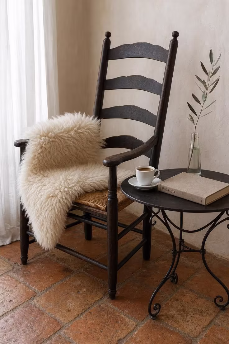 12 Cozy Reading Nook in Kitchen Ideas That Feel Like Home 8 Sheepskin-draped ladder chair on terra cotta tile kitchen floor with espresso and olive branch