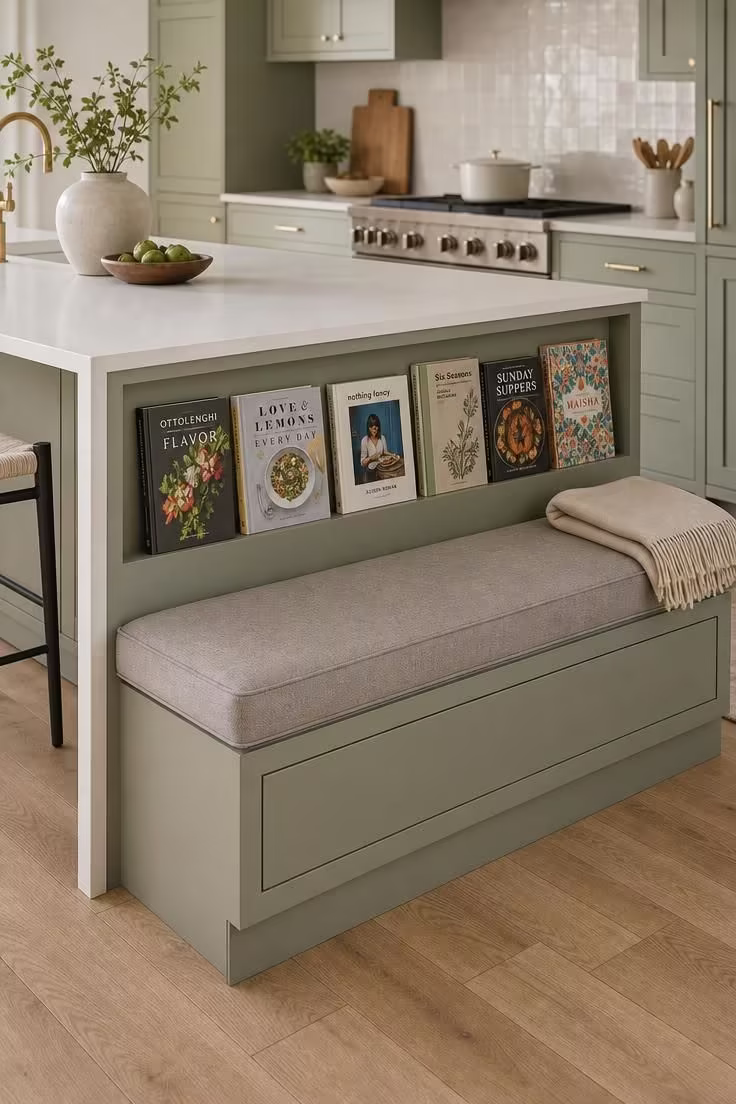 12 Cozy Reading Nook in Kitchen Ideas That Feel Like Home 9 Built-in reading bench at the end of a kitchen peninsula with cookbook shelf display above