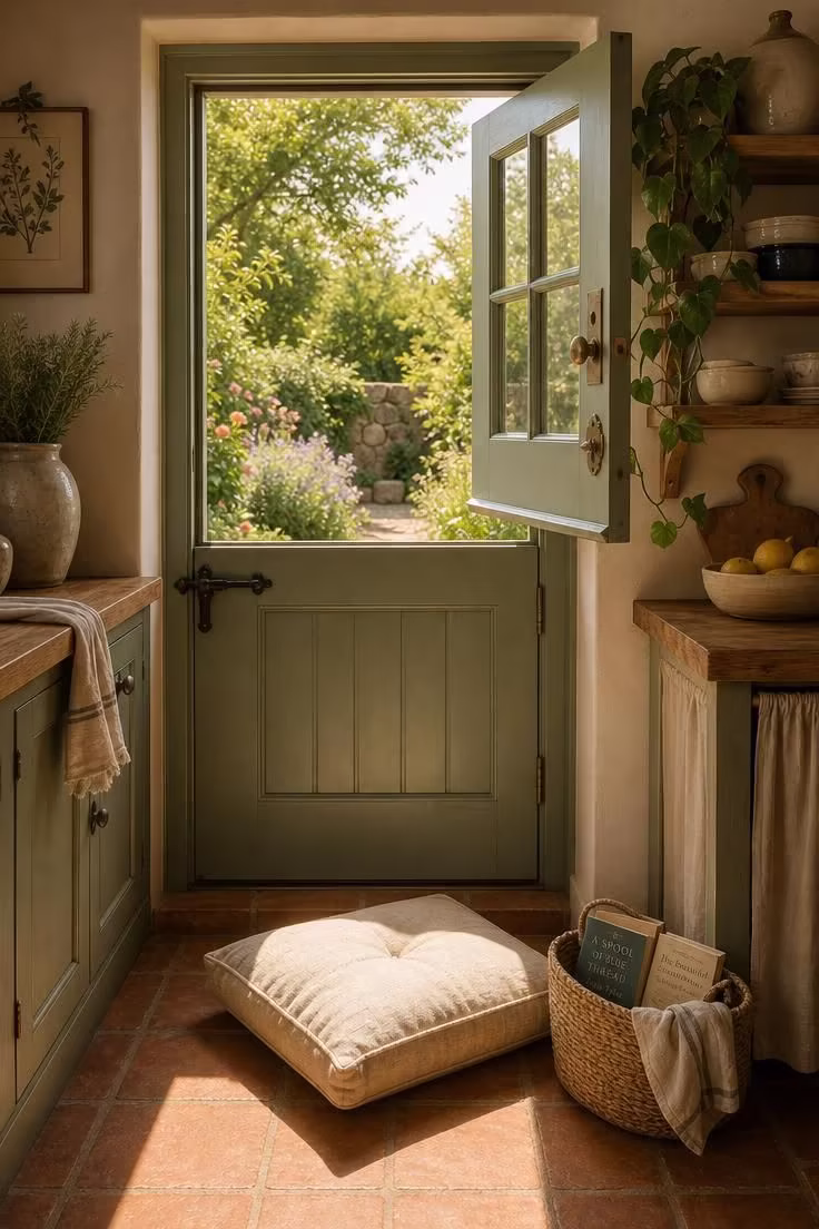 12 Cozy Reading Nook in Kitchen Ideas That Feel Like Home 10 Sage green Dutch door open to garden with cotton canvas floor cushion and straw book basket
