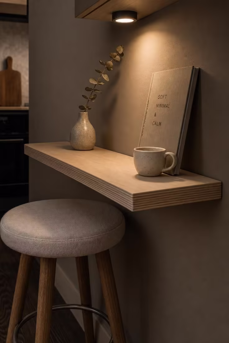 12 Cozy Reading Nook in Kitchen Ideas That Feel Like Home 11 Floating birch plywood shelf desk with linen stool and puck light in a moody kitchen corner
