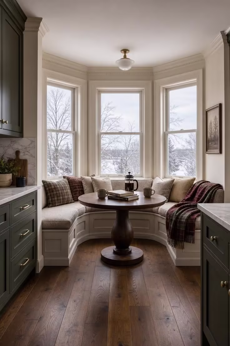 12 Cozy Reading Nook in Kitchen Ideas That Feel Like Home 12 Bay window breakfast nook reading corner with plaid wool throws and French press on a winter morning