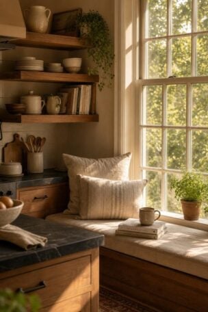Cozy kitchen reading nook with linen cushion, stacked books, and morning light through a window