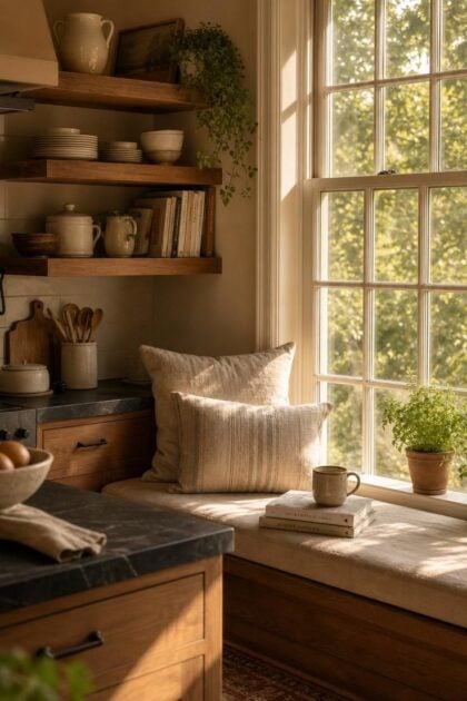 12 Cozy Reading Nook in Kitchen Ideas That Feel Like Home Cozy kitchen reading nook with linen cushion, stacked books, and morning light through a window