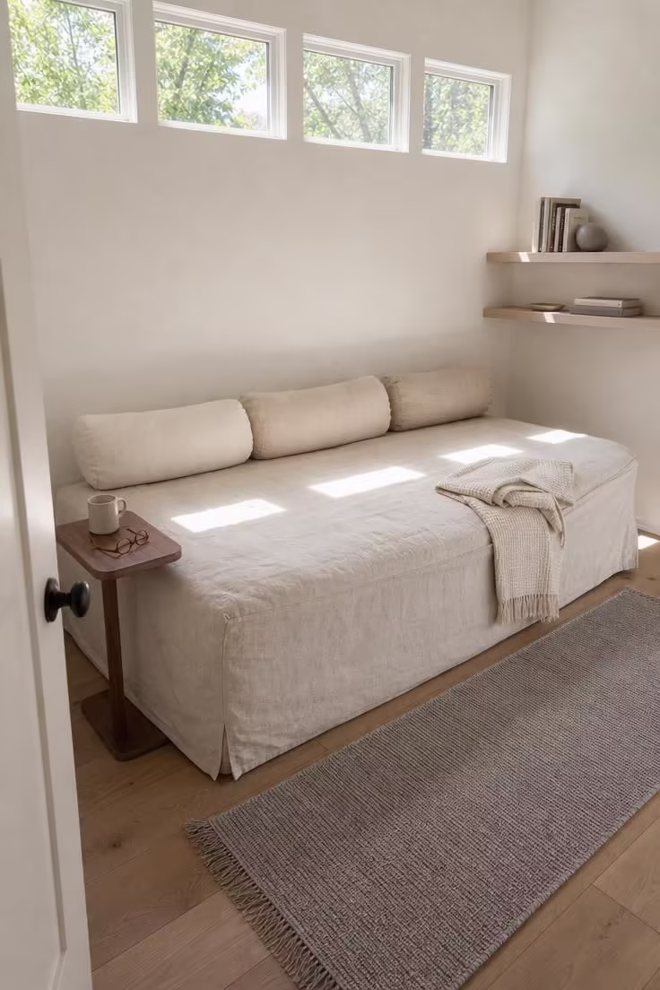 11 Peaceful Reading Nook Room Ideas Worth Coming Home To 1 Oatmeal linen slipcovered daybed beneath clerestory windows in a bright reading nook room with walnut tray table and floating shelves
