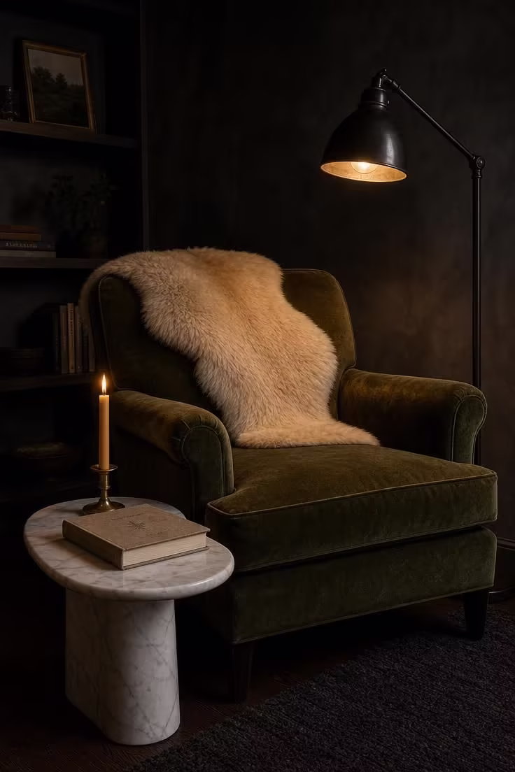 11 Peaceful Reading Nook Room Ideas Worth Coming Home To 2 Moss green velvet armchair with blackened steel pharmacy lamp in a dark plaster reading nook room with marble side table