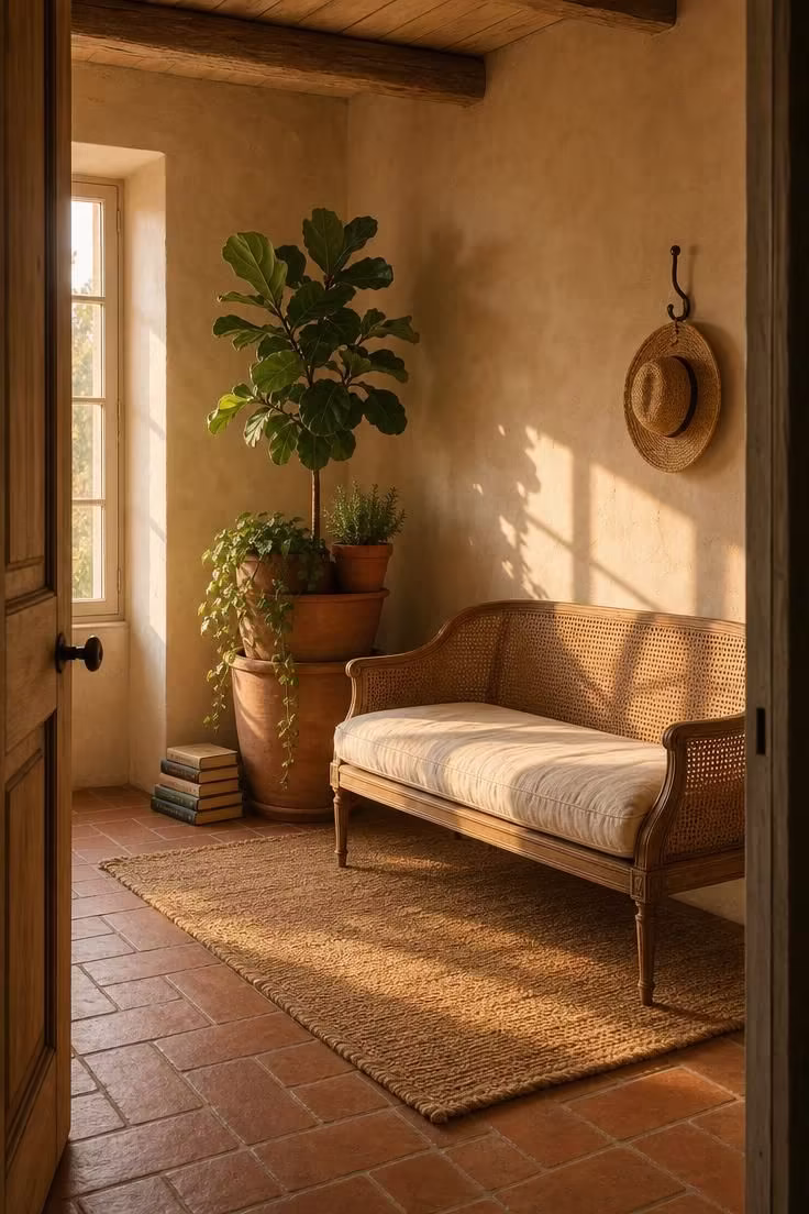 11 Peaceful Reading Nook Room Ideas Worth Coming Home To 3 Cane-back settee with cream linen cushion against raw plaster walls with terracotta pots and golden afternoon light in a reading nook room