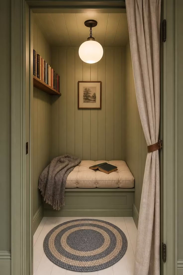 11 Peaceful Reading Nook Room Ideas Worth Coming Home To 4 Converted pantry reading nook room with sage tongue-and-groove walls, milk glass pendant, and tufted canvas bench cushion