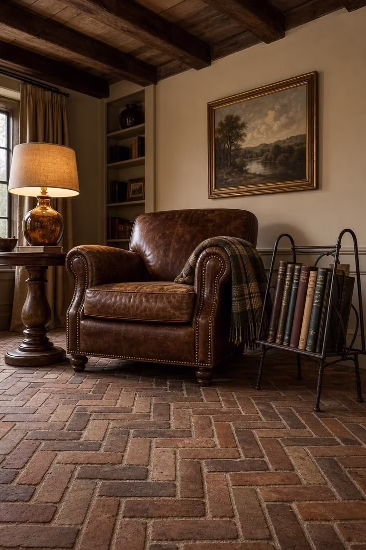 11 Peaceful Reading Nook Room Ideas Worth Coming Home To 5 Brown leather club chair on herringbone brick floor with iron bookstand and amber glass table lamp in a warm reading nook room