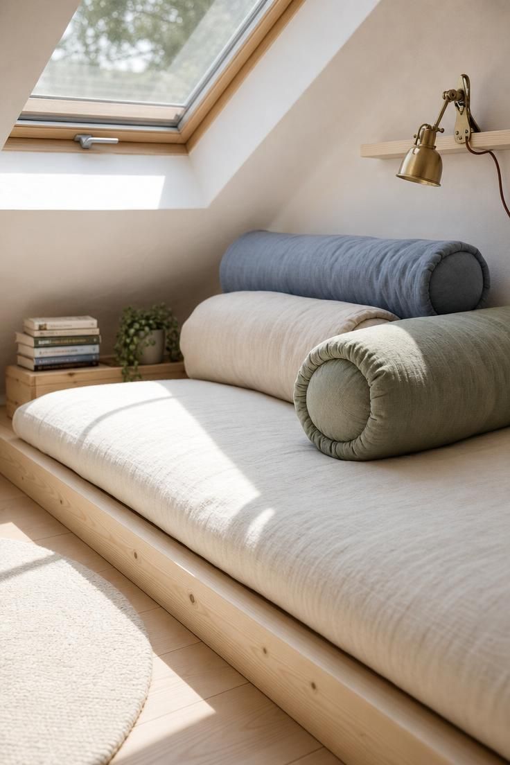 11 Peaceful Reading Nook Room Ideas Worth Coming Home To 6 Attic skylight alcove reading nook room with pine platform mattress, linen roll pillows, and bright overhead natural light