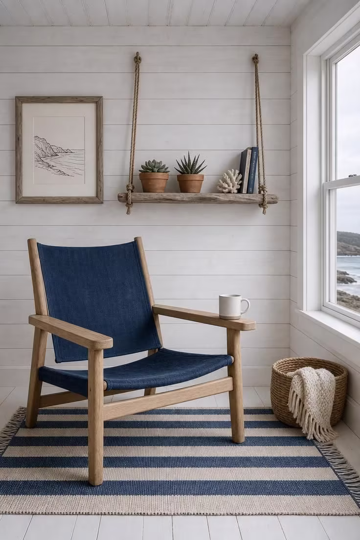 11 Peaceful Reading Nook Room Ideas Worth Coming Home To 7 Indigo linen sling chair against whitewashed shiplap with rope-and-driftwood shelf in a coastal reading nook room