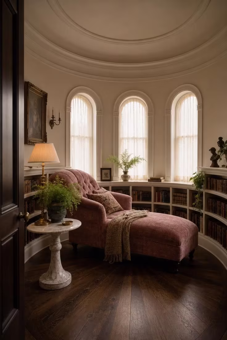 11 Peaceful Reading Nook Room Ideas Worth Coming Home To 8 Dusty rose chenille chaise in a half-round turret reading nook room with curved bookshelves and arched windows