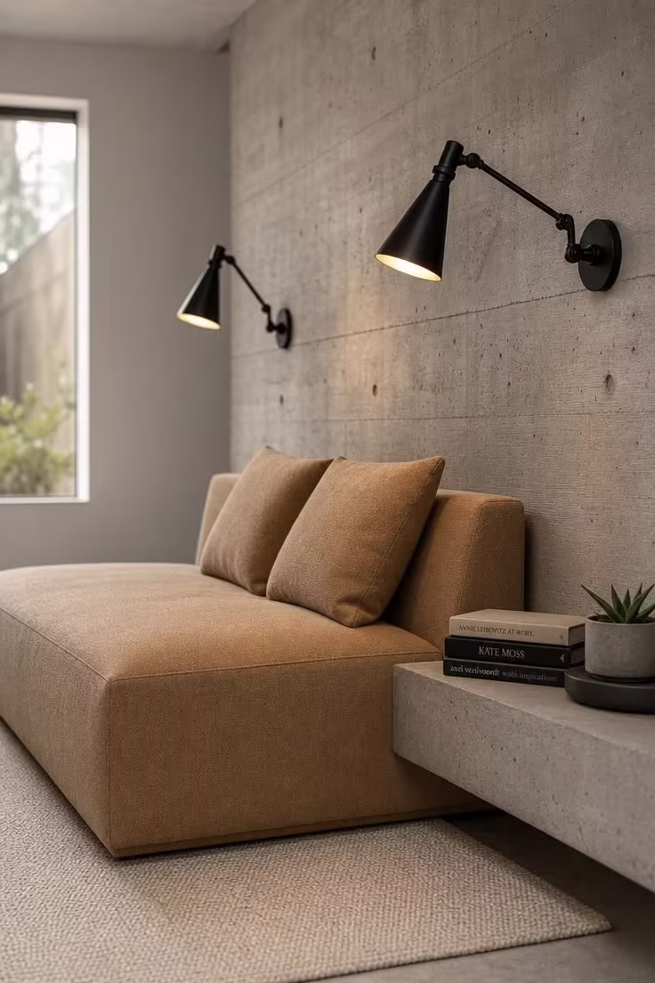 11 Peaceful Reading Nook Room Ideas Worth Coming Home To 9 Camel wool lounger against poured concrete accent wall with matte black sconces and polished concrete floor in a modern reading nook room