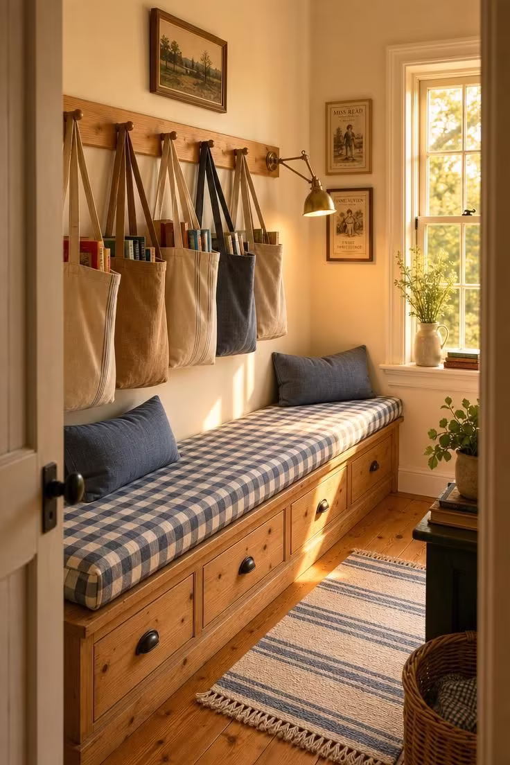 11 Peaceful Reading Nook Room Ideas Worth Coming Home To 10 Pine peg rail with hanging tote bags of books above a blue gingham cushioned bench in a country reading nook room with golden light