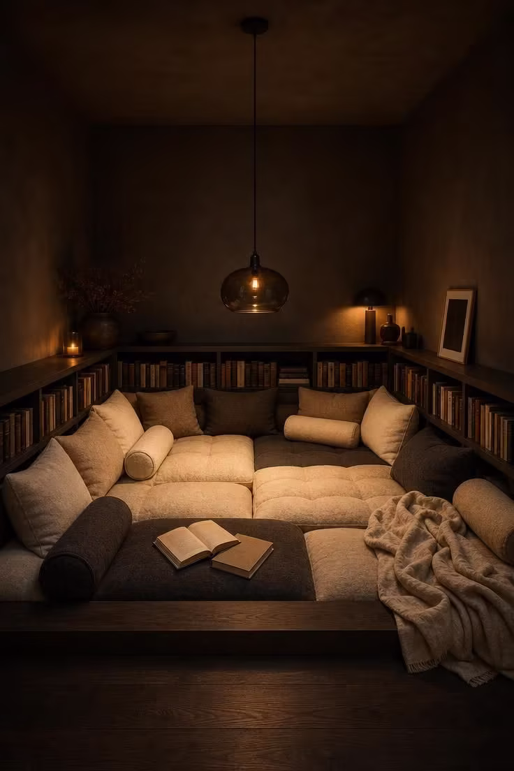 11 Peaceful Reading Nook Room Ideas Worth Coming Home To 11 Sunken floor reading nook room lined with wool cushions and low perimeter bookshelves under a smoked glass pendant light