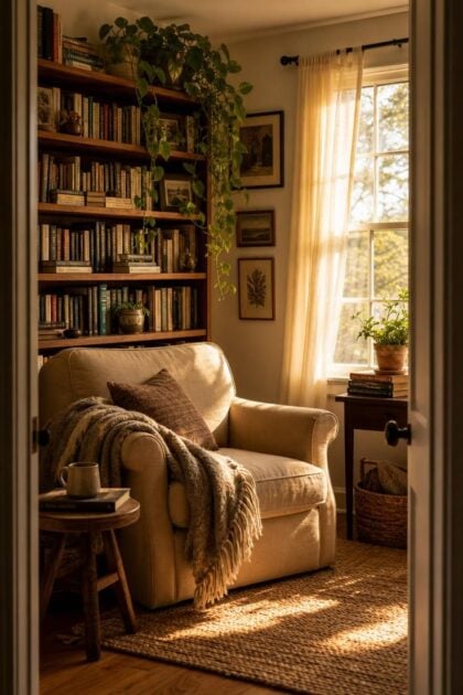 11 Peaceful Reading Nook Room Ideas Worth Coming Home To Cozy reading nook room with deep linen armchair, tall bookshelf, golden afternoon light, and layered natural textures