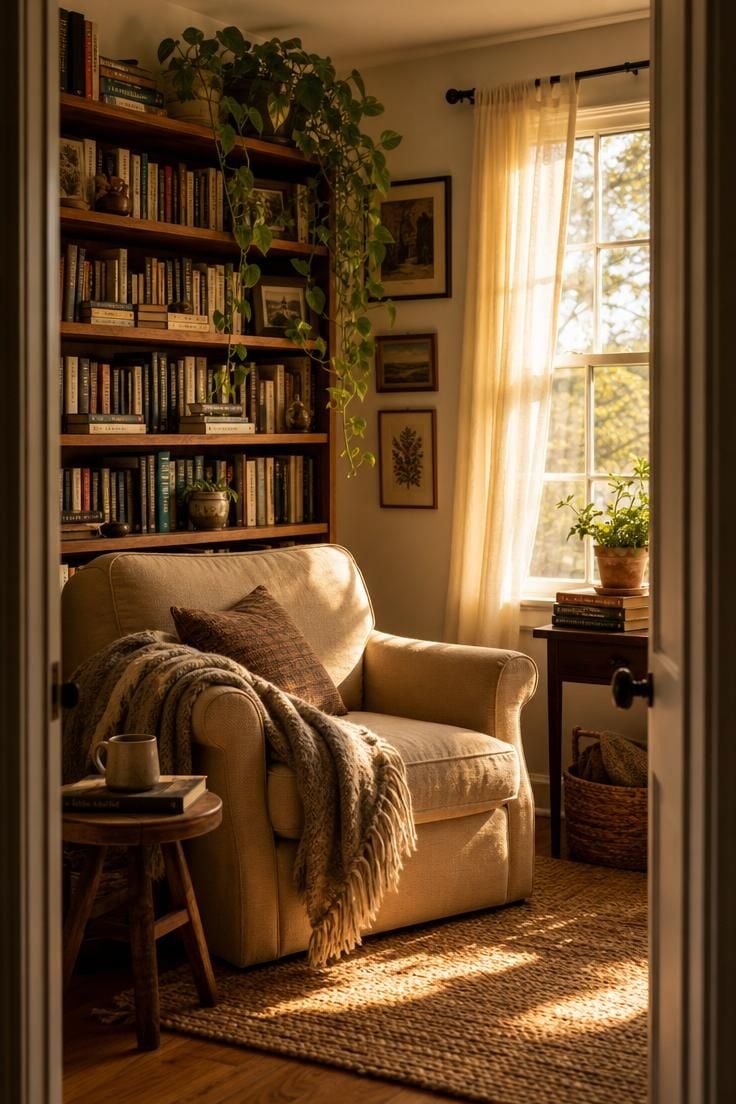 Simple Spaces 14 Cozy reading nook room with deep linen armchair, tall bookshelf, golden afternoon light, and layered natural textures