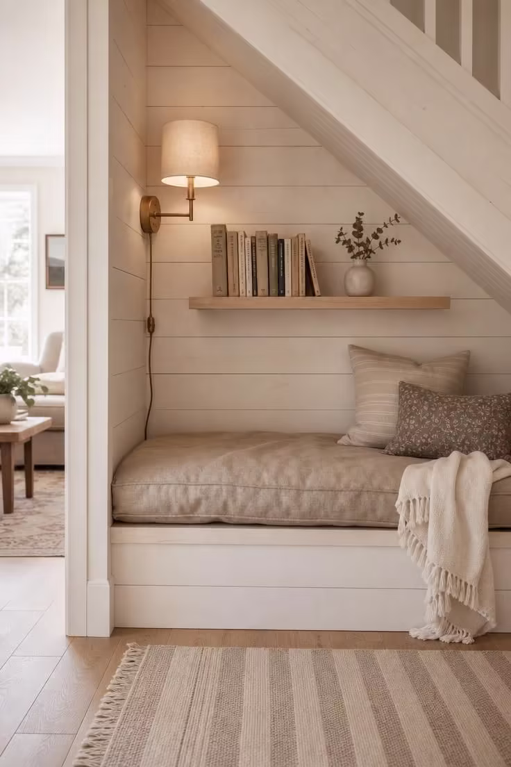 11 Dreamy Reading Nook Under Stairs Ideas Worth Copying 1 A whitewashed shiplap reading nook under stairs with an oatmeal linen cushion, floating birch shelf, and brass plug-in sconce.