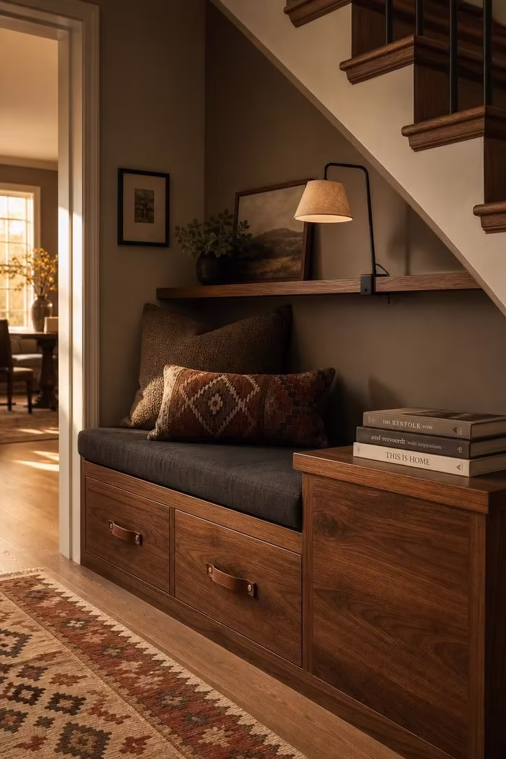 11 Dreamy Reading Nook Under Stairs Ideas Worth Copying 2 A walnut built-in bench reading nook under stairs with pull-out drawers, charcoal wool cushion, and warm golden afternoon light.