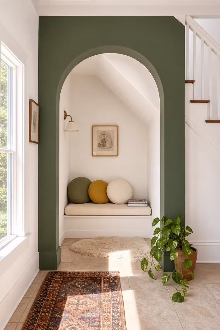 11 Dreamy Reading Nook Under Stairs Ideas Worth Copying 3 A deep sage painted arch frames a reading nook under stairs with a natural cotton cushion, round pillows, and bright midday light.